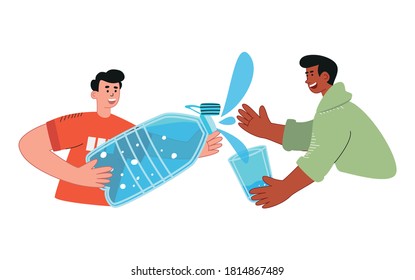 The guy pours water into a friend's glass from a huge bottle. World water day. Drink more water. Concept of safe clean drinking water for health. Vector illustration