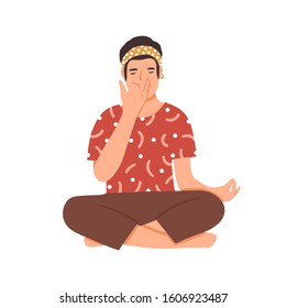 Guy practicing pranayama flat vector illustration. Young man exercising special breathing techniques cartoon character. Male yogi sitting in lotus position. Relaxation and breath control.