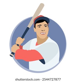 Un tipo se prepara para golpear con un bate de béisbol en sus manos. Emblema de jugador de béisbol. Diseño plano. Ilustración vectorial