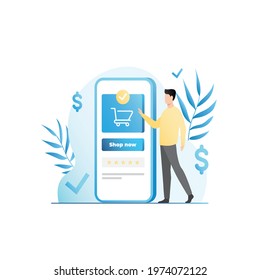 Guy presses "Buy" button on his smartphone, places order on Internet, pays for, buys goods, things in online store on website, in application. Man leaves comment, star review about service.