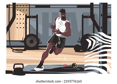 Guy in process of intense workout for whole body vector illustration. Black man training in gym flat style. Sport, active lifestyle concept