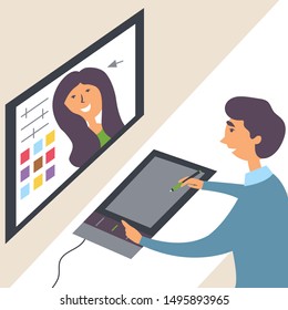 The guy processes the photo of the model on the computer through a photo editor. Sits at a graphic tablet. Vector editable illustration