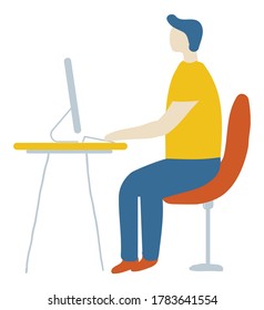 Guy Programmer, web designer. Man working on computer. Freelancer. Flat Vector illustration isolated on white