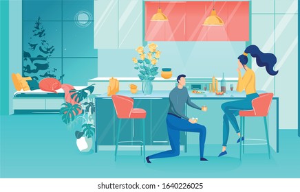 Guy Proposes Girl Became his Wife at Home Dinner. Woman Sits on High Bar Stool, her Boyfriend Sank to one Knee and Handed her Box with Wedding Ring. On Table is Beautiful Vase with Bouquet Roses.