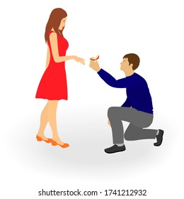 The guy proposes to the girl. Happy woman and man with a ring. Romantic date. Gold ring in a case. Isolated vector illustration.