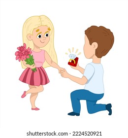 
The guy proposes to the girl.  
Will you marry me? Vector illustration isolate on white background. The guy got down on one knee.