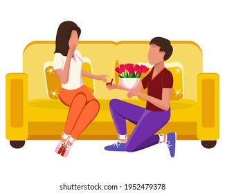 The guy proposes to his girlfriend. Wedding ring. Wedding. Bride and groom. House, room, interior. Vector. Cartoon. Drawing in a flat style.