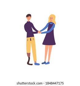 Guy with a prosthetic leg is holding hands with his girlfriend and smiling. Couple in love. Disabled person. Vector isolated illustration in cartoon style