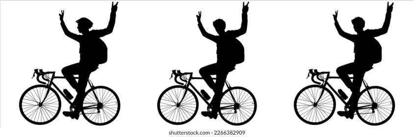 A guy in a protective helmet, with a backpack on a bike, raised both hands. A man spins a bicycle, his hands are raised up. Success, victory in competitions. Side view. Silhouettes isolated on white