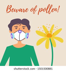 A guy in a protective mask suffers from allergies. Allergy to pollen of flowers. Vector editable illustration