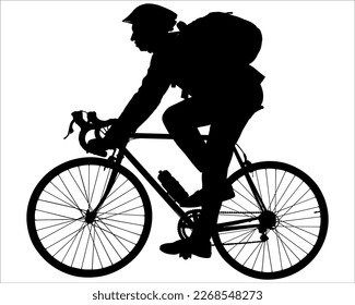 A guy in a protective sports helmet with a backpack behind his back rides a bike. Cyclist on a bicycle. A ride on the bicycle. A man with a bike. Side view. Black color silhouette isolated on white