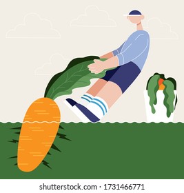 Guy pulls carrot. Color vector flat cartoon illustration.