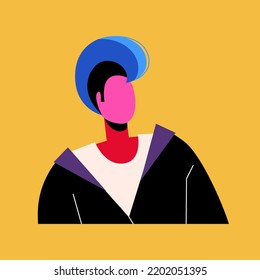 The guy is a punk rocker with a mohawk. A flat portrait of a waist-high man with blue hair. Youth hairstyle