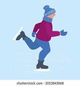 A guy in a purple jacket is skating on a winter ice rink. Active winter outdoor recreation. Vector illustration in cartoon style.