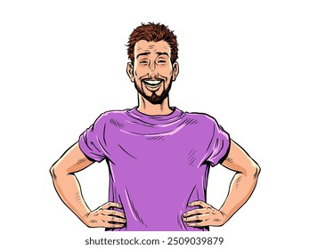 El tipo de la camiseta morada se ríe de corazón. Disfruta de la vida y sus sorpresas. Regocíjense por los éxitos del año pasado. Pop Arte Retro Ilustración vectorial Kitsch Antiguas 50s 60s Estilo