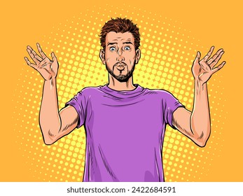 A guy in a purple T-shirt raises his hands up. Surrender to the problem that has arisen. Get scared of the situation and quit. Pop Art Retro Vector Illustration Kitsch Vintage 50s 60s Style