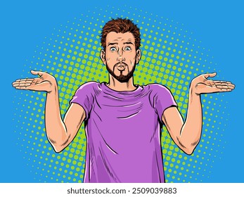 The guy in the purple T-shirt throws up his hands in puzzlement. Don't understand the task that faces you. Be surprised by the question and the situation. Pop Art Retro Vector Illustration Kitsch