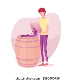 Guy putting grapes to barrel vector illustration. Red, white, rose, champagne wine making process flat drawing. Male worker cartoon character. Isolated design element. Fruit fermentation
