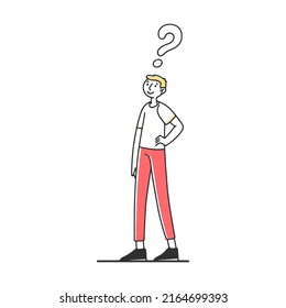 Guy with question mark over head thinking over problem solution, searching answers. Pensive cartoon characters standing near big question mark