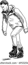 A guy is racing on the roller skates