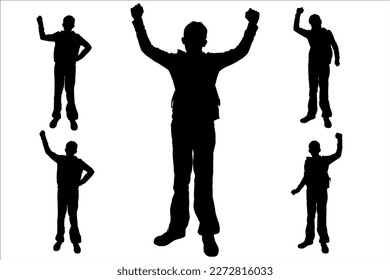 The guy raises his hand, hands up. Fight. Hit. Fighter. The teenager rejoices, raising his hands high. Achieve success. Teenage sports, competitions. Side view. Black silhouette isolated on white