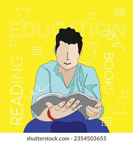 Guy reading book. Education concept vector illustration on yellow background.