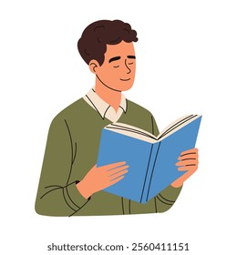 Guy reading book. Education concept. Hand drawn style.