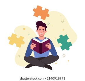 Guy reading book. Man increases skills, information and knowledge, distance learning. Schoolboy or student doing homework. Useful hobby and love of literature. Cartoon flat vector illustration