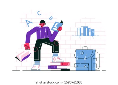 Guy reading book vector illustration. Man in casual clothes standing leaning on stack of textbooks and learning.  educational material flat style design