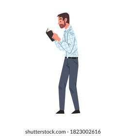 Guy Reading Book while Walking, Young Man Student Character Studying or Preparing for Exam, Book Lover, Literature Fan Cartoon Style Vector Illustration