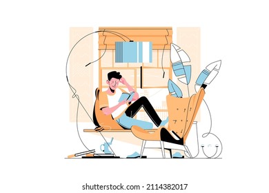 Guy reading in modern library vector illustration. Stylish interior with bookcase, chair and lamps flat style. Education, hobby and spare time concept. Isolated on white background