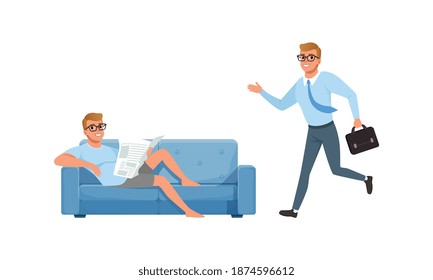 Guy Reading Periódico y Corriendo con Prisa, Set, Actividad de Hombre Joven e Ilustración del Vector de Caricaturas de Rutina Diaria