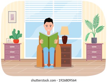 El tipo lee en casa. Hombre con un libro en las manos pasando tiempo en el apartamento. El personaje masculino está leyendo y descansando. La persona sentada en un sillón está estudiando literatura. Ocio, pasatiempo con libro