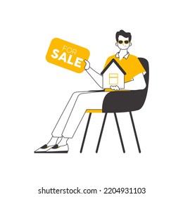El tipo es un agente inmobiliario. Estilo lineal minimalista. Aislado. Ilustración vectorial.