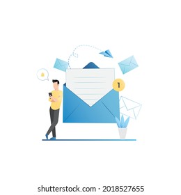Guy received new notification with bell on his smartphone about received message on Internet. Man reads large letter on piece of paper in open envelope. Online correspondence in social networks.