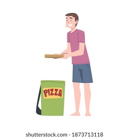 Guy Receiving Pizzeria Order, Online Food Order and Delivery Service Cartoon Style Vector Illustration
