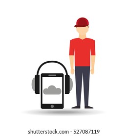guy red cap smartphone headphones music online vector illustration eps 10