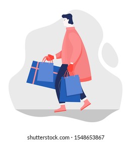 guy in a red coat goes shopping. Christmas discounts. shopping after work. vector illustration