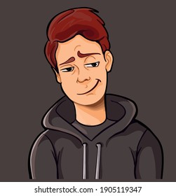 guy with red hair in a hoodie looks  to the side with a grin vector illustration sticker