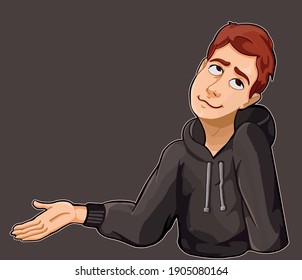 guy with red hair in a hoodie shows his hand to the side