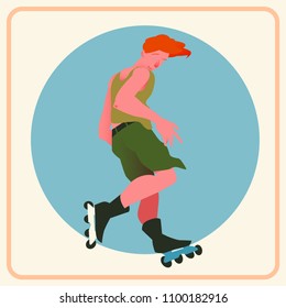 The guy with red hair on roller skates on blue circle background. The strong expressive sportsman in the movement. A banner or a poster in flat style with gradient. Vector illustration.