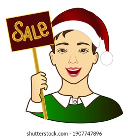 guy in red Santa Claus hat holds in his hand a tablet on a stick with the inscription in gold letters Sale, color vector banner or flyer