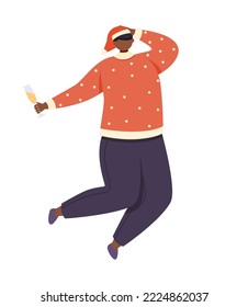 A guy in a red santa claus hat holds a glass of champagne in his hands and jumps