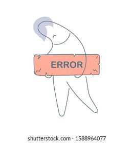 A guy with a red search box holding an error sign. 404, page or file not found, problem, no results, damage, connection error. Flat outline vector on white background.