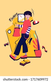 Guy with red shirt trying to look fashionable on yellow background