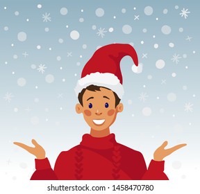 The guy in the red sweater and santa hat and snowing. Stock vector illustration. Christmas card, design element, flat style. Merry Christmas. Flat cartoon style vector illustration.