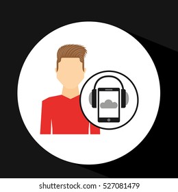 guy red tshirt smartphone headphones music online vector illustration eps 10