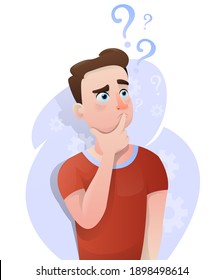 Guy in reflections thinks about solving problems isolated on white background. In resolving the issue, question marks. Vector illustration