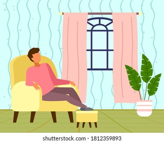 Guy relaxing in yellow cozy chair at home. Guy puts his feet on pouf. Dozing off at lunch time. Cozy living room interior, green floor, armchair, lush green potted plant, window with pink curtains