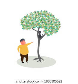 The guy removes the pet from the tree. Beautiful painting in the style of a flat. Vector illustration. Green tree. Man and cat.